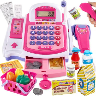BUYGER Kids Cash Register Toy with Scanner, Receipt Printer, Microphone, Shopping Play Food - Pretend Role Play Birthday for Toddler Kids Boys Girls Ages 3 4-8+ Years Olds