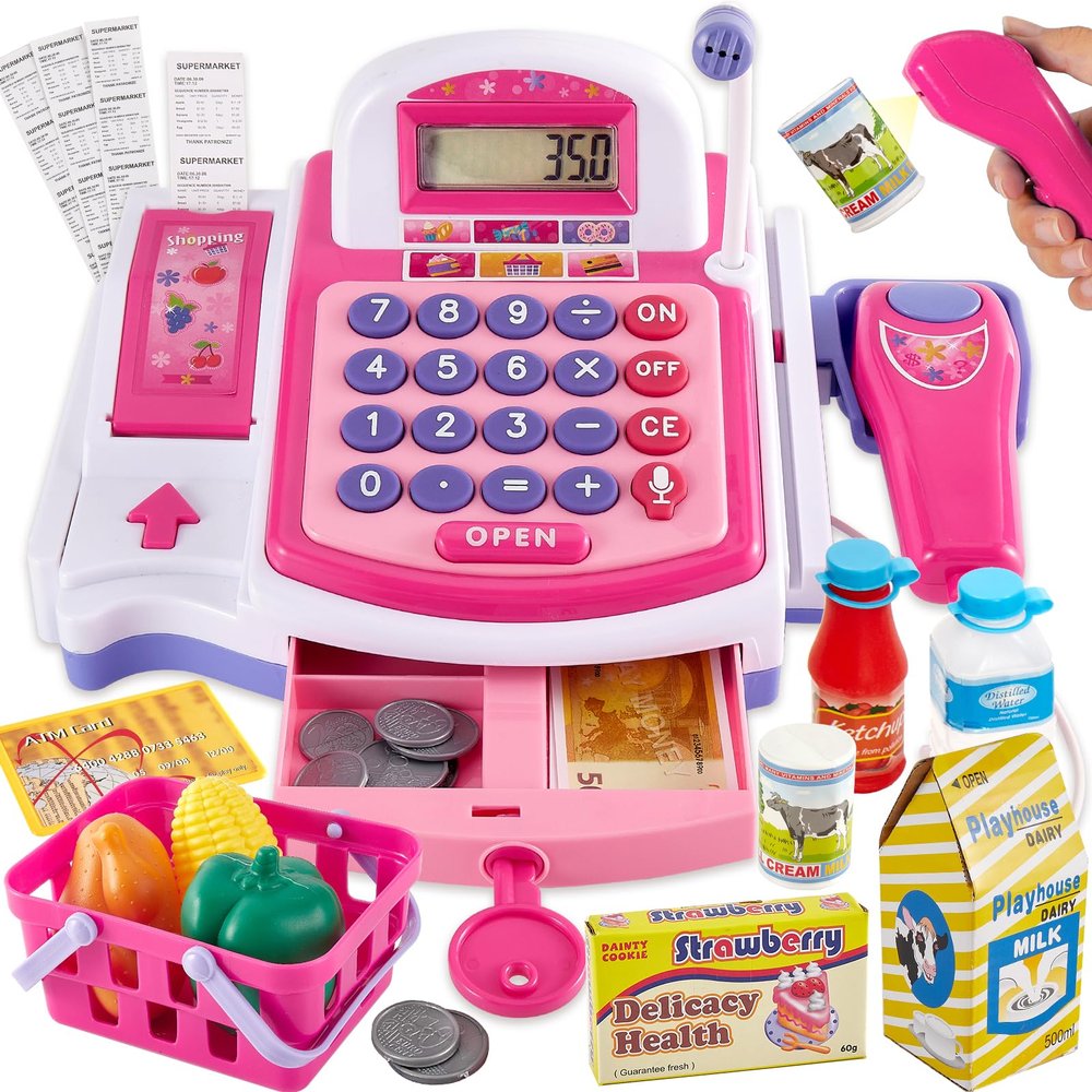 BUYGER Kids Cash Register Toy with Scanner, Receipt Printer, Microphone, Shopping Play Food - Pretend Role Play Birthday for Toddler Kids Boys Girls Ages 3 4-8+ Years Olds