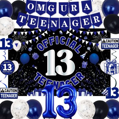13th Birthday Decorations for Boys Girls, Blue Black Omg Ur A Teenager Birthday Party Decorations, Official 13 Teenager Backdrop, Foil Balloons 13, Banner, Balloons, Hanging Swirls, Birthday Card Set