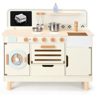 Pillowhale Wooden PlayKitchen Set, Large Interactive Toy Kitchen Set with Washer, Oven, Drawer & Storage, Metal Cookware, Blackboard, Kids Kitchen Playset, Play Kitchen for Toddlers 3+