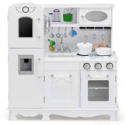 GLACER Kids Kitchen Playset w/Telephone, Wooden Montessori Pretend Play Toys w/Light & Sound, Microwave, Ice Maker, Oven, Sink & Faucet, Cooking Accessories, ASTM Certified Play Kitchen for Toddlers