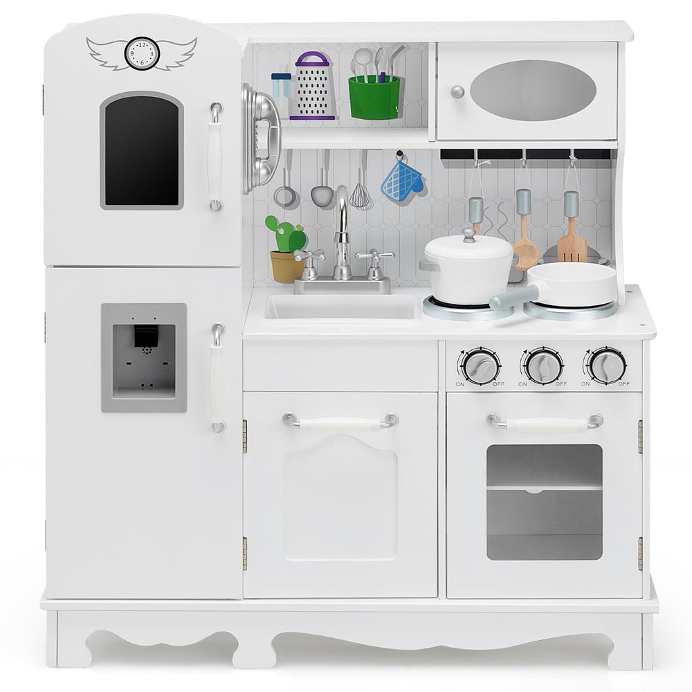 GLACER Kids Kitchen Playset w/Telephone, Wooden Montessori Pretend Play Toys w/Light & Sound, Microwave, Ice Maker, Oven, Sink & Faucet, Cooking Accessories, ASTM Certified Play Kitchen for Toddlers
