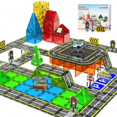 HarworLife Magnetic Tiles Road Set, Magnetic Building Blocks for Kids Ages 3+Year Old, Montessori Educational Magnet Toys for Toddler Kids, STEM Creative Toy for Christmas Birthday Gifts