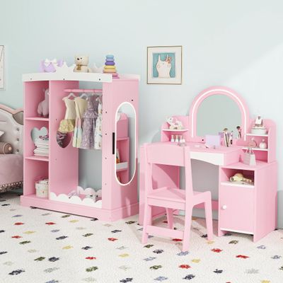 TOLEAD Kids Vanity with Lights & Open Bookshelf, Kids Closet with Jewelry Cabinet & Full-Length Mirror, Toddler Vanity Table with Storage Cabinet, Kids Armoires Storage Closet for Little Girls, Pink