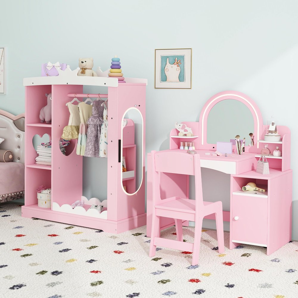 TOLEAD Kids Vanity with Lights & Open Bookshelf, Kids Closet with Jewelry Cabinet & Full-Length Mirror, Toddler Vanity Table with Storage Cabinet, Kids Armoires Storage Closet for Little Girls, Pink