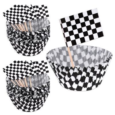 100Pcs Checkered Cupcake Liners and 100Pcs Checkered Flag Cupcake Toppers, Racing Car Theme Party Decorations Supplies (Black and White)