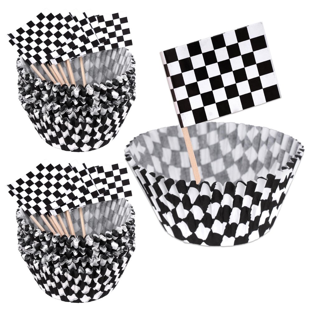 100Pcs Checkered Cupcake Liners and 100Pcs Checkered Flag Cupcake Toppers, Racing Car Theme Party Decorations Supplies (Black and White)