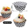 100Pcs Checkered Cupcake Liners and 100Pcs Checkered Flag Cupcake Toppers, Racing Car Theme Party Decorations Supplies (Black and White) view 4