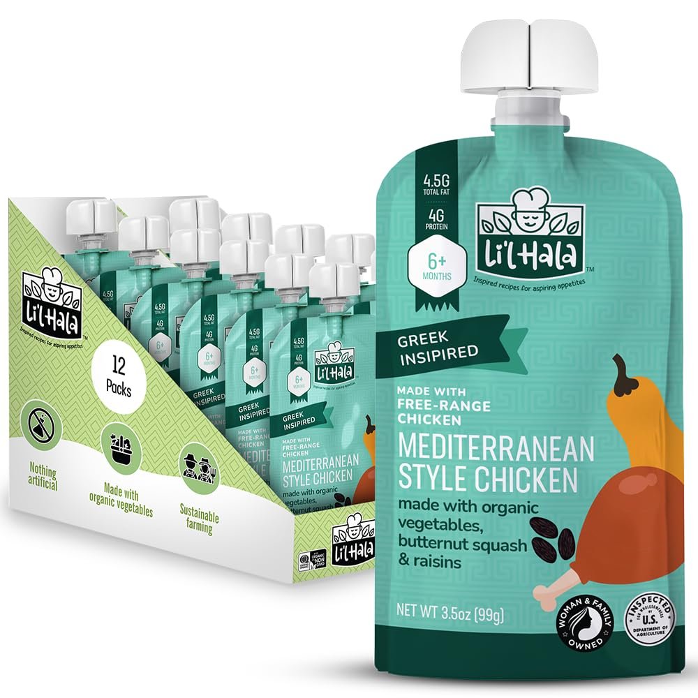 Lil Hala Baby Food Chicken Pouch | Mediterranean (12ct) | 6+ Months Baby Food Pouches with Protein and Organic Veggies, Nutrient Packed Toddler Snacks with Iron & Fiber | Stage 2 Baby Food Meat Puree