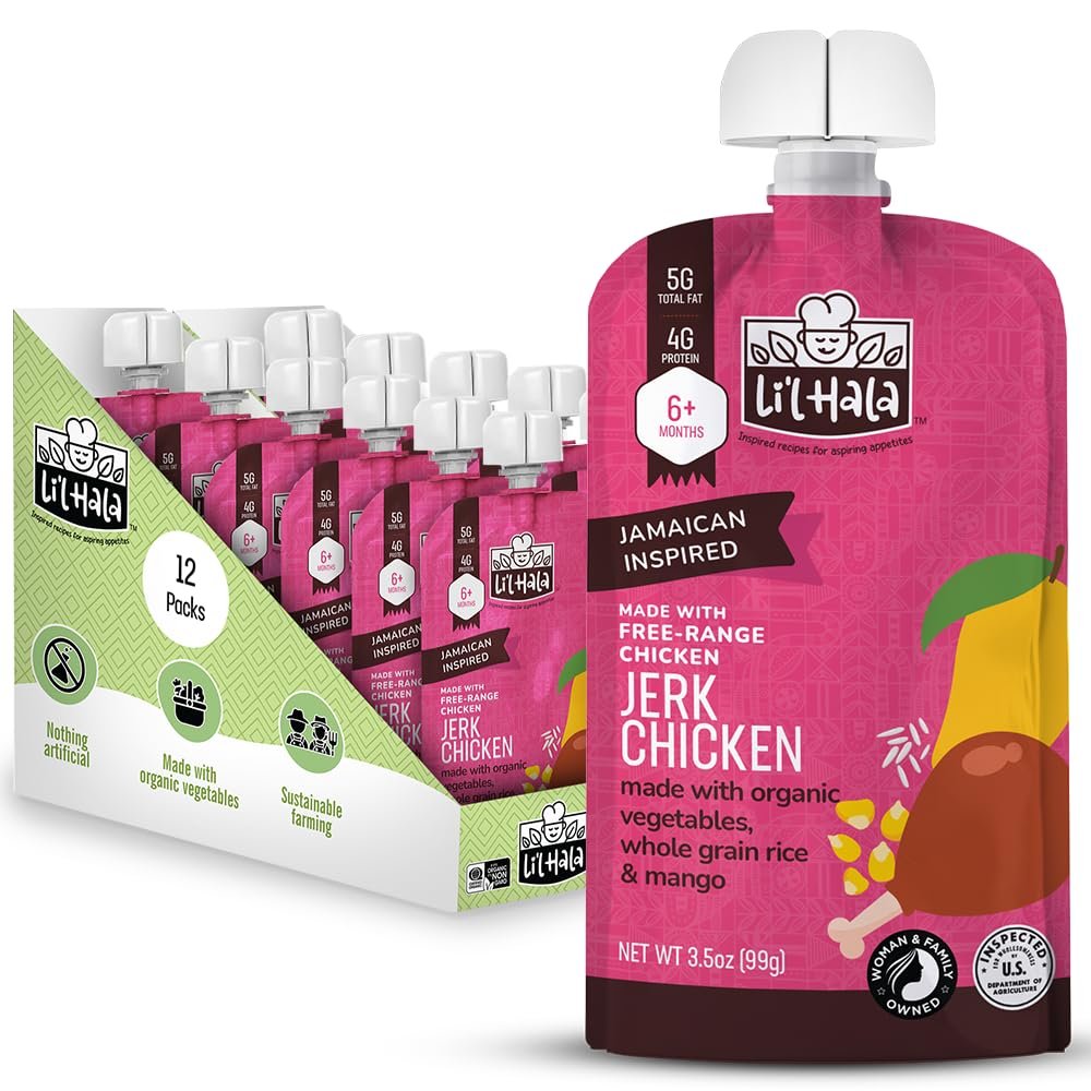 Li'l Hala Chicken Baby Food Meat Pouch | Caribbean Chicken (12ct) | 6+ Months Savory Baby Food Pouches with Protein and Organic Veggies, Toddler Snacks with Iron & Fiber | Stage 2 Meat Puree