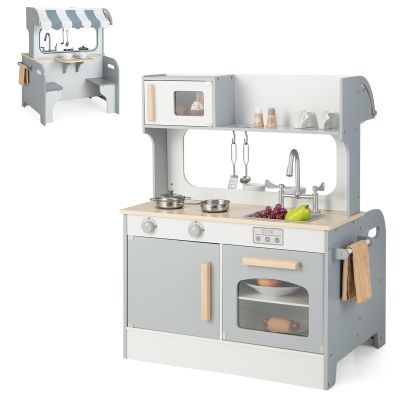 GLACER 2-in-1 Play Kitchen, Double-Sided Pretend Play Toys - Cooking Sets & Coffee Table w/Kitchen Accessories, Microwave, Oven, Stove, Sink, Kids Kitchen Playset for Toddlers, Boys & Girls Aged 3+