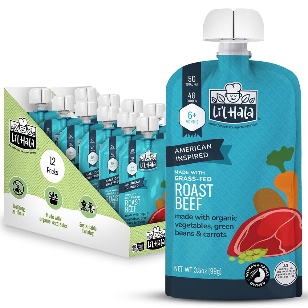 Li'l Hala Beef Baby Food Pouch | Roast Beef (12ct) | Savory 6+ Months Meat Baby Food Pouches with Protein and Organic Veggies, Nutrient Packed Toddler Snacks with Iron | Stage 2 Baby Food Meat Puree
