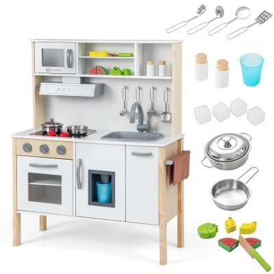 GLACER Kids Kitchen Playset, Wooden Pretend Play Toy Kitchen Set with Range Hood, Ice Maker, Microwave, Oven, Sink, Accessories, Storage, Play Kitchen for Toddlers, Gift for Boys Girls (White)