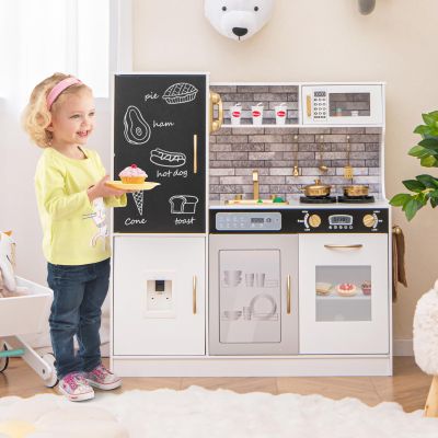 GLACER Kids Kitchen Playset, Wooden Pretend Toy Kitchen Set with with Lights & Sounds, Chalkboard, Telephone, Water Dispenser, 360Rotatable Faucet, Oven, Microwave, Play Kitchen for Toddlers