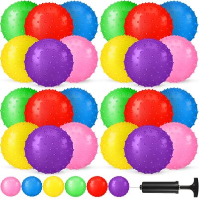 Vinsot 36 Pieces Knobby Balls 8.5 Inch Bouncy Spiky Sensory Ball Bulk Sensory Inflatable Toys with Air Pump Assorted Color Spiky Massage Stress Toys for Kindergarten Playground Backyard Pool Party