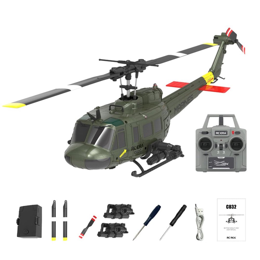 C032 UH-1 RC Helicopter  6CH 6-Axis Gyro TOF Laser Radar Optical Flow Positioning Aerobatic Stunt Drone for Adults & Advanced Flyers (Military Green)