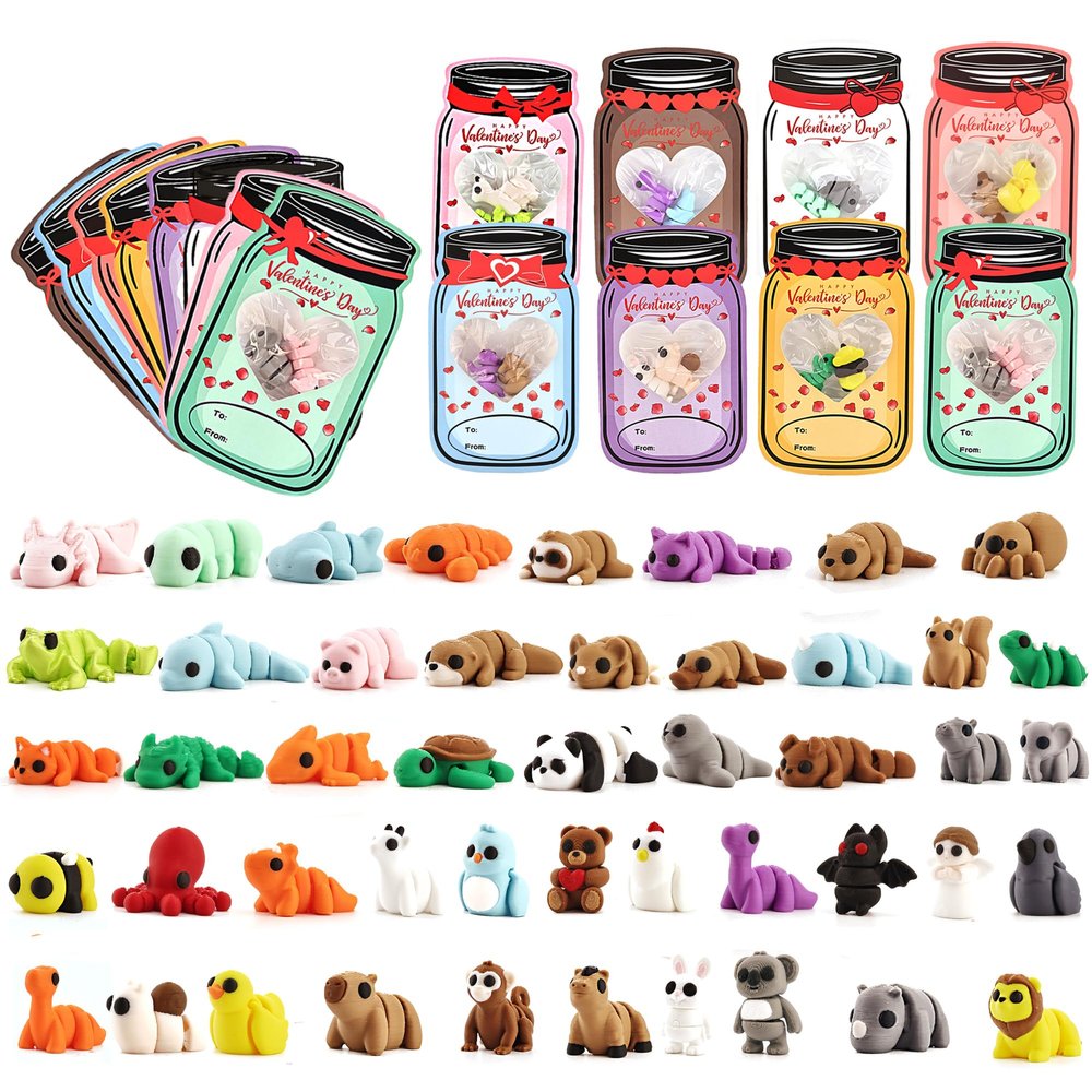 24 pcs Valentines Day Gifts Toys for Kids, with 48 Pcs 3D Printed Animal Figurines, Articulated Animal Figurines, Valentine Exchange Cards Gift, Classroom Rewards Gift ExchangeAssembly completed)