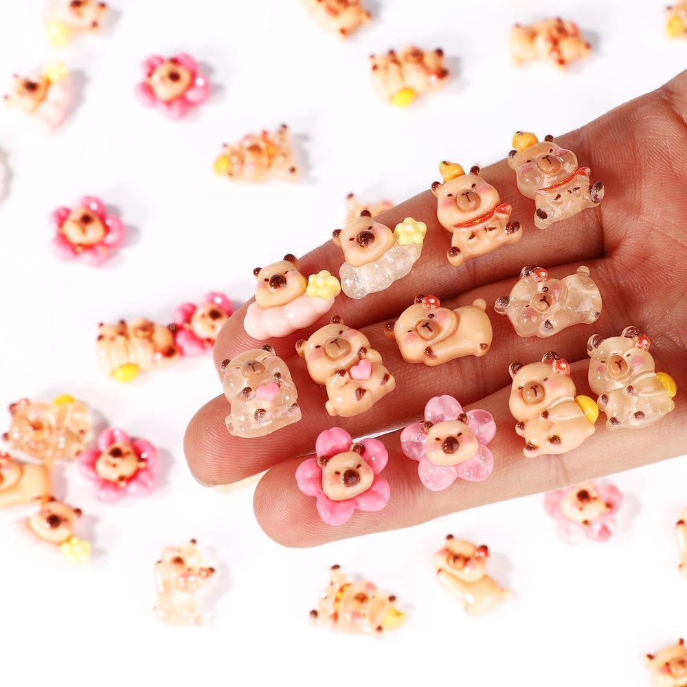 110pcs Mini Resin Capybara, Mixed Styles Miniature Flower Capybara Figures Tiny Resin Animals Figurines for Bonsai Micro Landscape Dollhouse Garden Decor