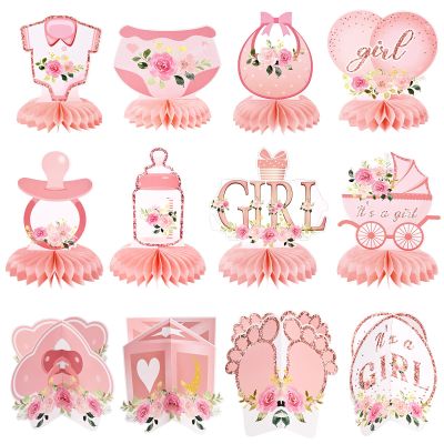 12Pcs Rose Gold Floral Baby Shower Decorations, 3D Honeycomb Centerpieces for Girls Gender Reveal Party, Elegant It's a Girl Pregnancy Announcement Table Topper, Newborn Celebration Party Supplies