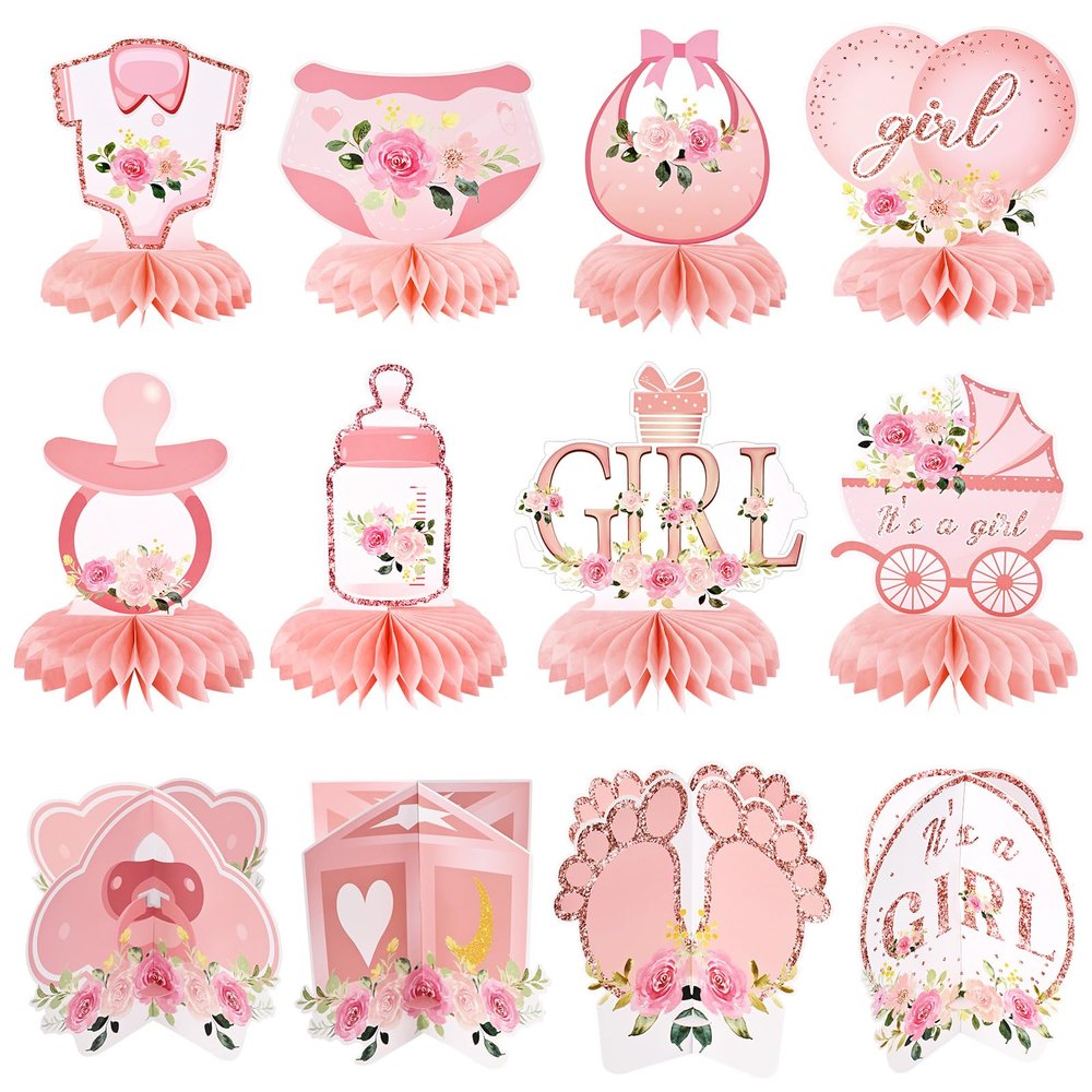 12Pcs Rose Gold Floral Baby Shower Decorations, 3D Honeycomb Centerpieces for Girls Gender Reveal Party, Elegant It's a Girl Pregnancy Announcement Table Topper, Newborn Celebration Party Supplies