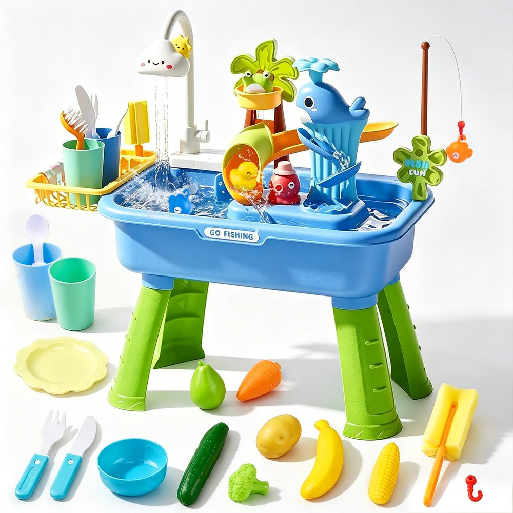 2026 Upgraded Play Sink with Running Water, Toddler Water Table with Automatic Water Cycle System, Water Table for Toddlers Fishing Kitchen, Role-Play Sand Water Table for Kids Ages 4-8 Kids Gift Toy