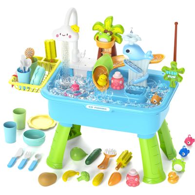 4-in-1 Electric Water Table Toy for Toddlers 1-3,Kitchen Play Sink Toys with Running Water for Kid with Water Pump,Animals, Food, Tableware,Pretend Role Birthday Toy for Boy and Girl