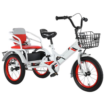 JIYIAN Red,18 inches, Kids Double Seats Bike,Leisure Pedal Tricycle with Back Seat Large Capacity and Deep Storage Basket for Children Playground Sports Cruiser Bikes