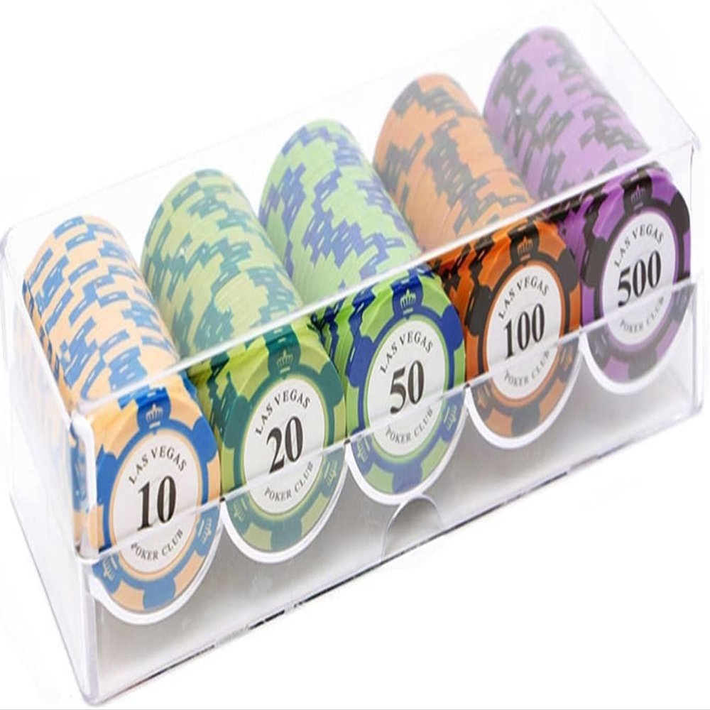 Monte Carlo Poker Chips Set, 14g Casino Grade Poker Chips with Denominations for Texas Hold'em & Blackjack, Acrylic Carrying Case Included