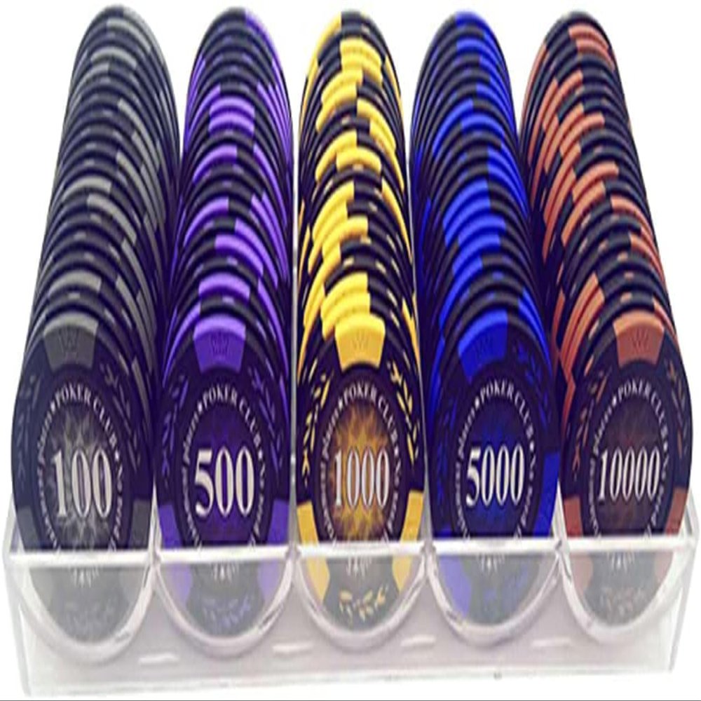 100 Piece Poker Set with Casino Chips, 14g Clay Acrylic Suit, Texas Hold'em, Blackjack with Values 1-10000, Monte Carlo Style