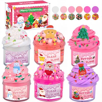 6 Pack Christmas Slime Kit - Cloud, Butter and Clear Slime,Jelly Cube Crunchy Toys with Various Slime Add-ins, Non Sticky Party Favors,Christmas Stocking Stuffers for Kids