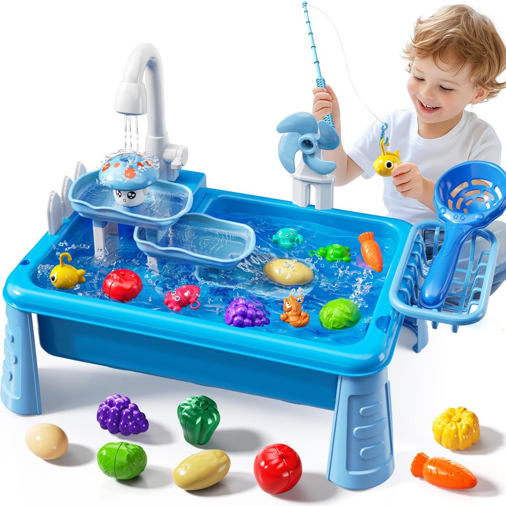 JUKUDAHU Water Table Play Sink Toy for Kids 2 3 4 5 6 Years Old - Outdoor Kitchen with Running Water, Fishing Games, Toddler Water Play Table for Kids Ages 3-8, Beach Outdoor Toys, Summer Gifts(Blue)