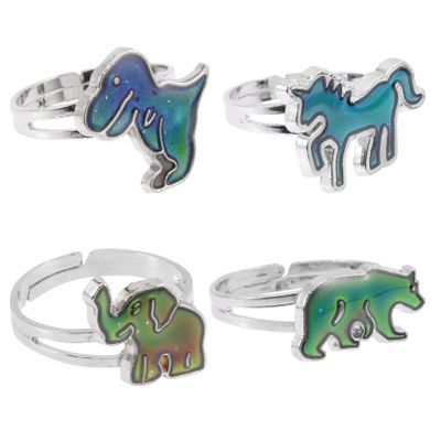 Milisten 4pcs Cartoon Animal Mood Changing Temperature Open Finger for Boys and Girls and Adults Includes Cute Dinosaur Elephant Bear and Epoxy Material