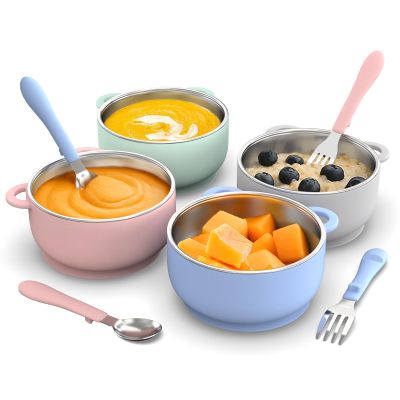 Bakpoco Toddler Feeding Suction Bowls and Utensils Set, 2-in-1 Stainless Steel 304 Kids Bowl & Silicone Suction Baby Bowl with Spoons and Forks, First Self-feeding Training Set, Sunrise Meadow