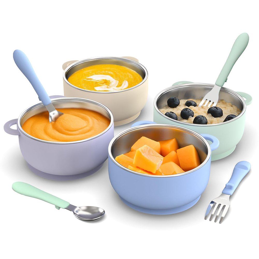 Bakpoco Baby Suction Bowls 4-Pack, 2-in-1 Stainless Steel 304 Toddler Bowl & Removable Silicone Suction Kids BowlNon Toxic Snack Container for Food Feeding, Twilight Meadow