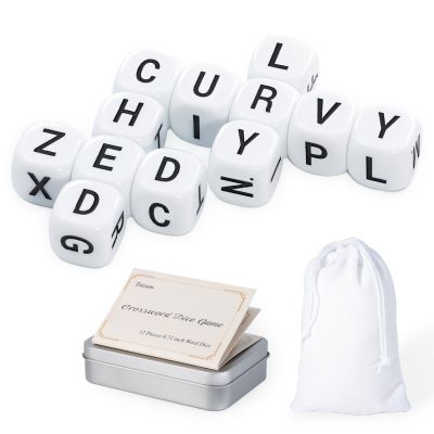 12 Pcs The Crossword Solitaire Game in White with Tin Box & Velvet Bag, Large Spelling Letter Dice Game for Adults, Travel & Game Night