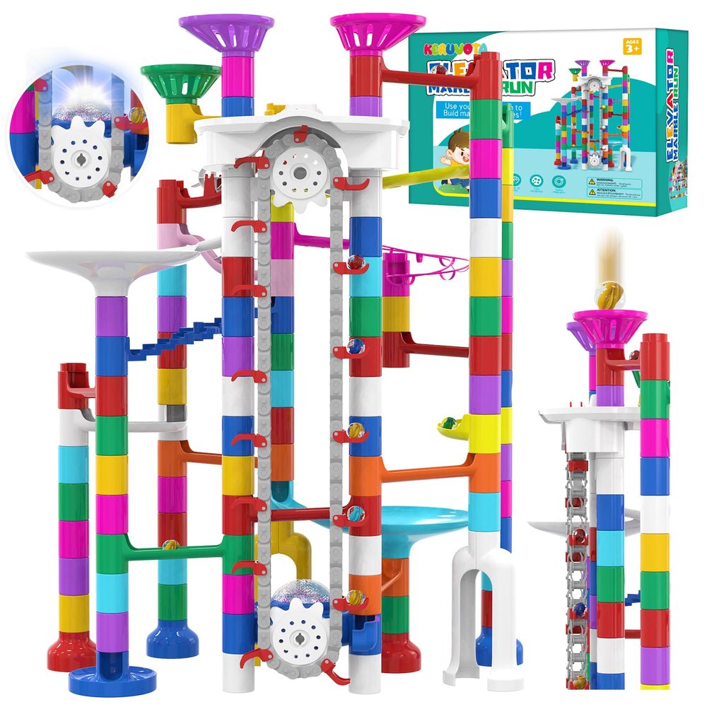 KERUVOTA Big Motorized Marble Run - Construction Building Blocks Toys 220Pcs Marble Race Track with Elevator,Educational STEM Game Christmas Birthday Gifts for Kids 3-5 4-8 8-12 (B-Colorful)