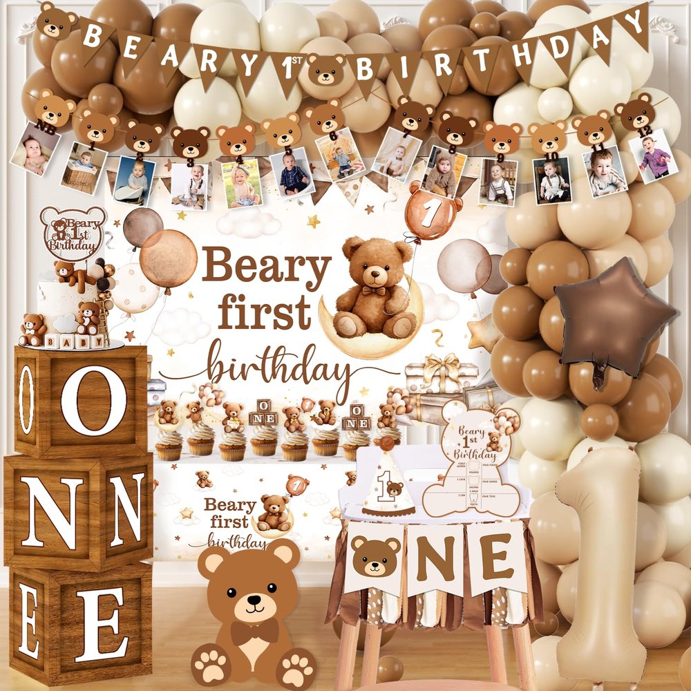 Beary First Birthday Decorations,147pcs Bear Birthday Decorations Brown Bear Birth Day Banner Backdrop High Chair Banner Tablecloth Cake Topper Box Balloon Garland for My 1st birthday Decorations