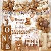 Beary First Birthday Decorations,147pcs Bear Birthday Decorations Brown Bear Birth Day Banner Backdrop High Chair Banner Tablecloth Cake Topper Box Balloon Garland for My 1st birthday Decorations view 1