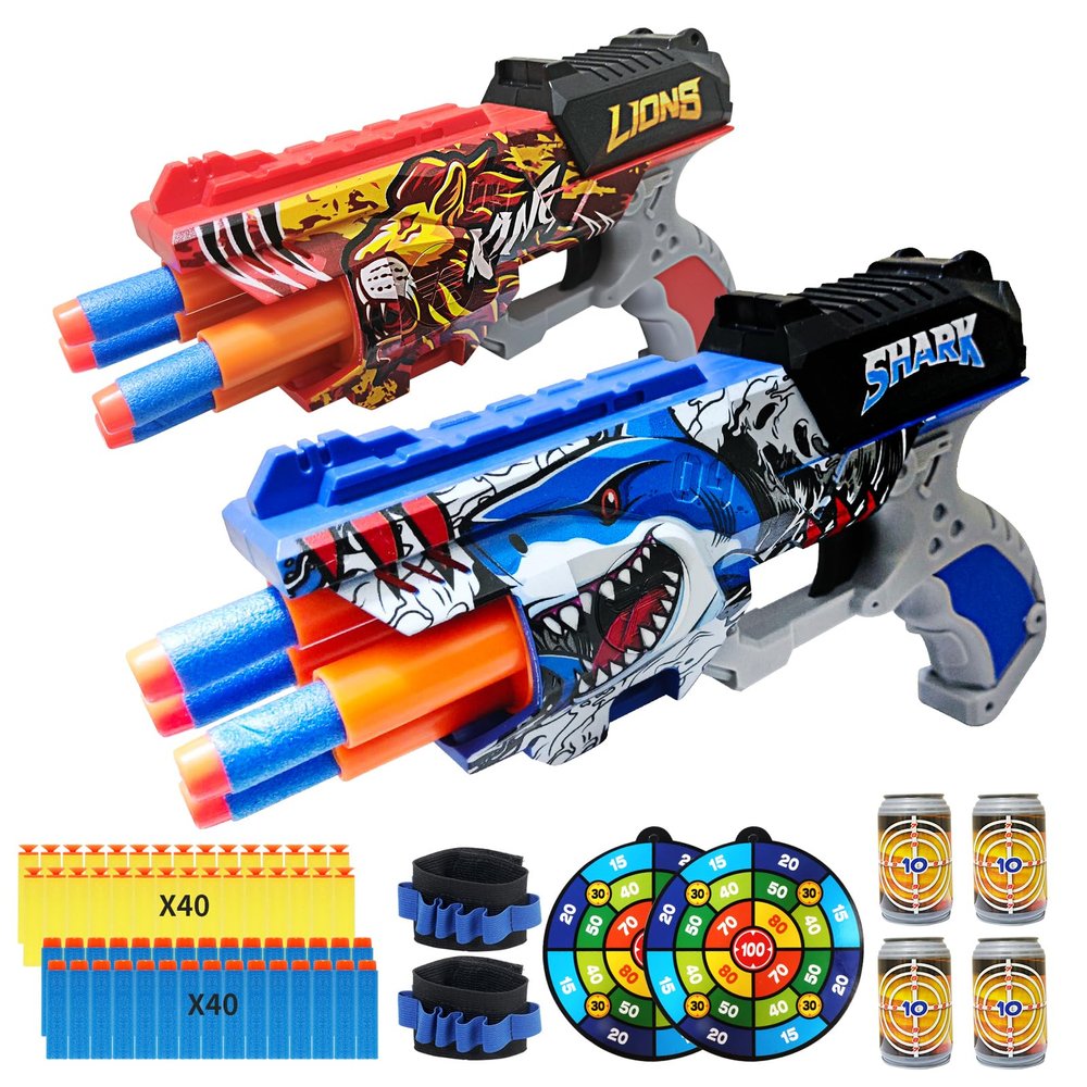 2 Pack Doodle Blaster Guns Boys for Toy, Shark & Lion Toys Birthday Gifts for Kids,Gun Toys Christmas Stocking Stuffing Party Supplies, 80 Soft Foam Darts Bullets,6 Targets & 2 Wrist Strap.