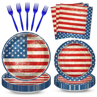 100 Pcs American Flag Party Supplies Set, Serves 25  Disposable Patriotic Paper Plates, Napkins, and Forks, USA Flag-Themed Tableware for 4th of July, Memorial Day, Veterans Day, Independence Day BBQ