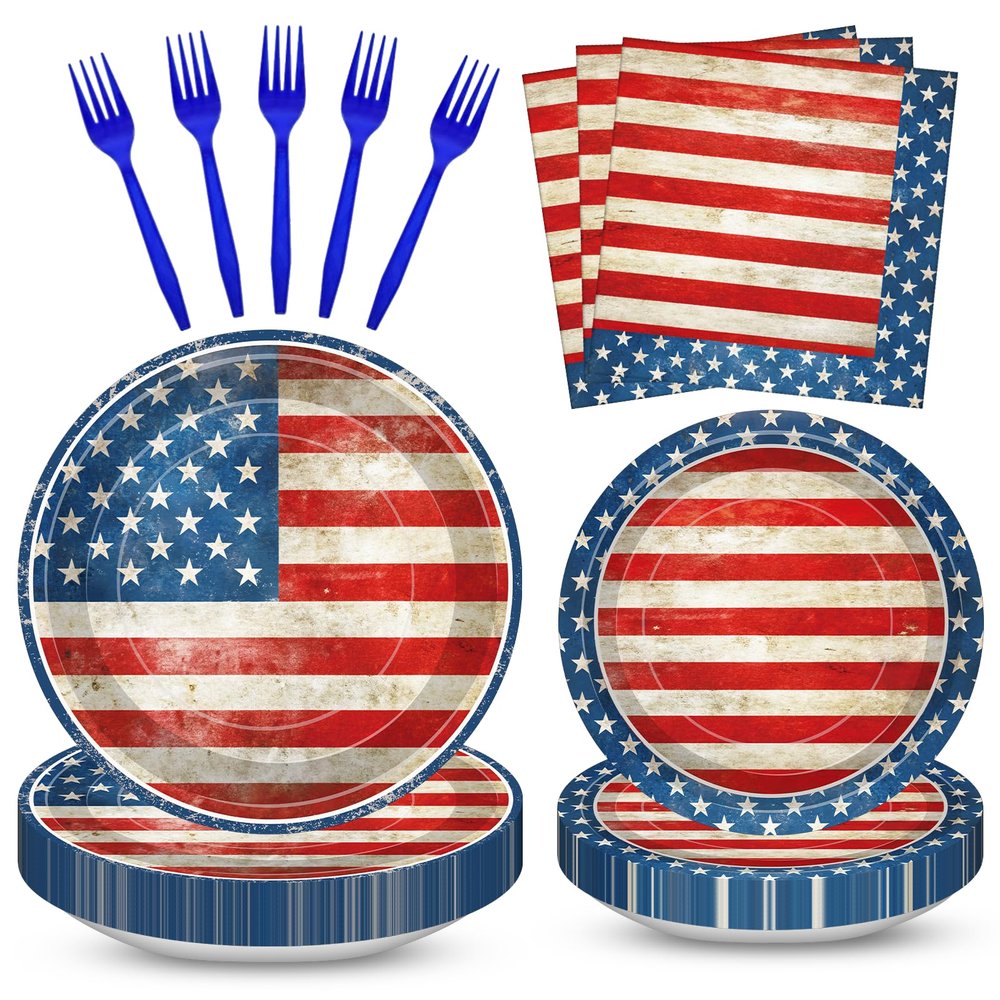 100 Pcs American Flag Party Supplies Set, Serves 25  Disposable Patriotic Paper Plates, Napkins, and Forks, USA Flag-Themed Tableware for 4th of July, Memorial Day, Veterans Day, Independence Day BBQ