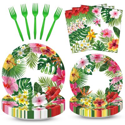 100 Pcs Tropical Luau Party Supplies Set, Serves 25  Disposable Hibiscus Floral Paper Plates, Napkins, and Forks, Hawaiian Themed Tableware for Summer BBQ, Pool and Beach Aloha Birthday Decorations