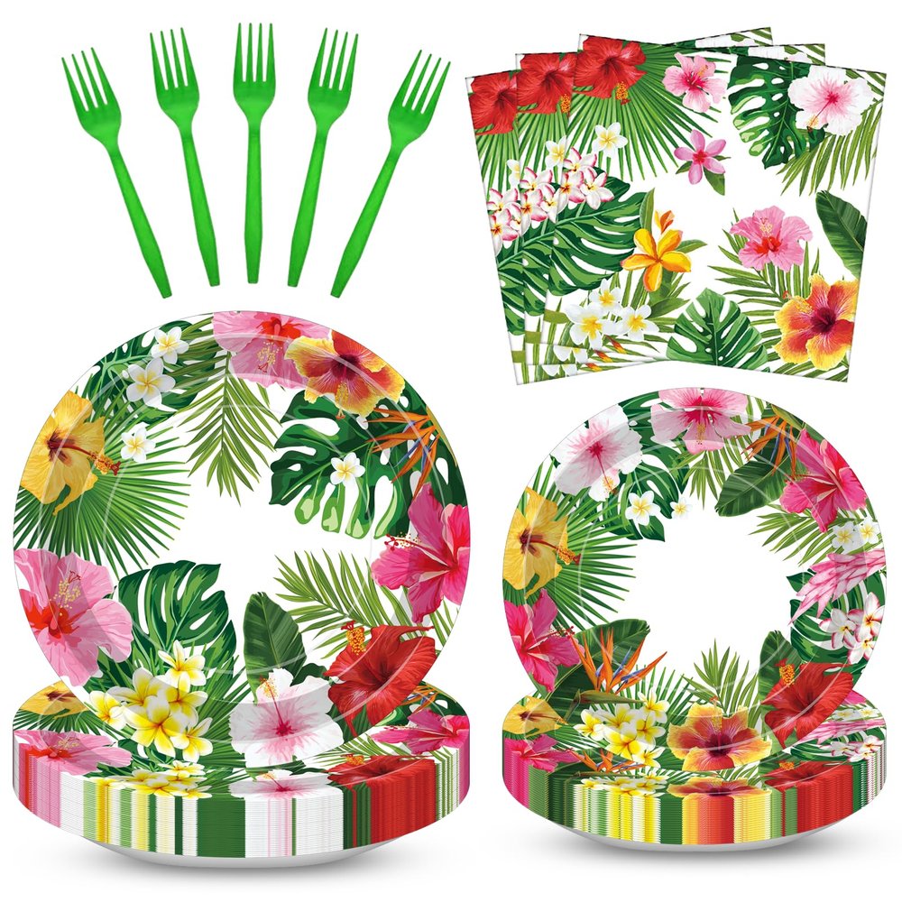 100 Pcs Tropical Luau Party Supplies Set, Serves 25  Disposable Hibiscus Floral Paper Plates, Napkins, and Forks, Hawaiian Themed Tableware for Summer BBQ, Pool and Beach Aloha Birthday Decorations