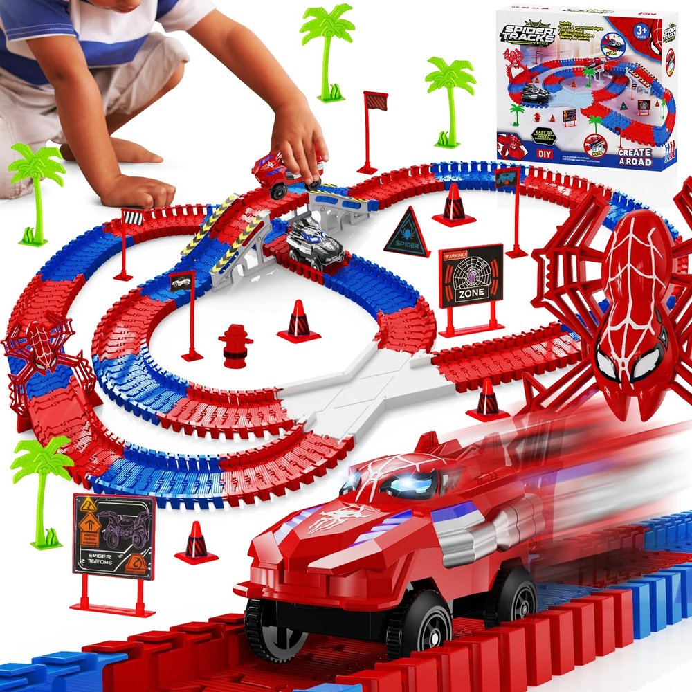 Ancitoy Spider Race Track Toy for Boys 4-6, Race Car Set with 2 Spider Cars, DIY Flexible Tracks Playset, Toddler STEM Building Toys for Girls, Christmas, Birthday Gift for Kids Ages 3+
