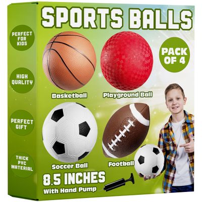 8.5 Sports Balls for Kids & Toddlers - (Pack of 4) Rubber Inflatable Multi-Sport Ball Set - Football, Soccer Ball, Basketball, Playground Ball & Pump - Birthday Gift Toys for Boys & Girls