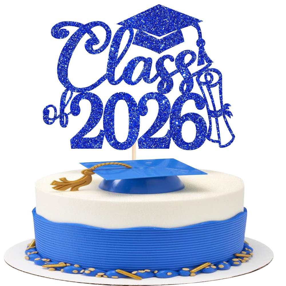 Rsstarxi 1 Pack Class of 2026 Cake Topper Glitter Congrats Grad Cap 2026 Graduation Cake Pick for Class of 2026 Graduation Theme High School Graduate Party Cake Decorations Blue