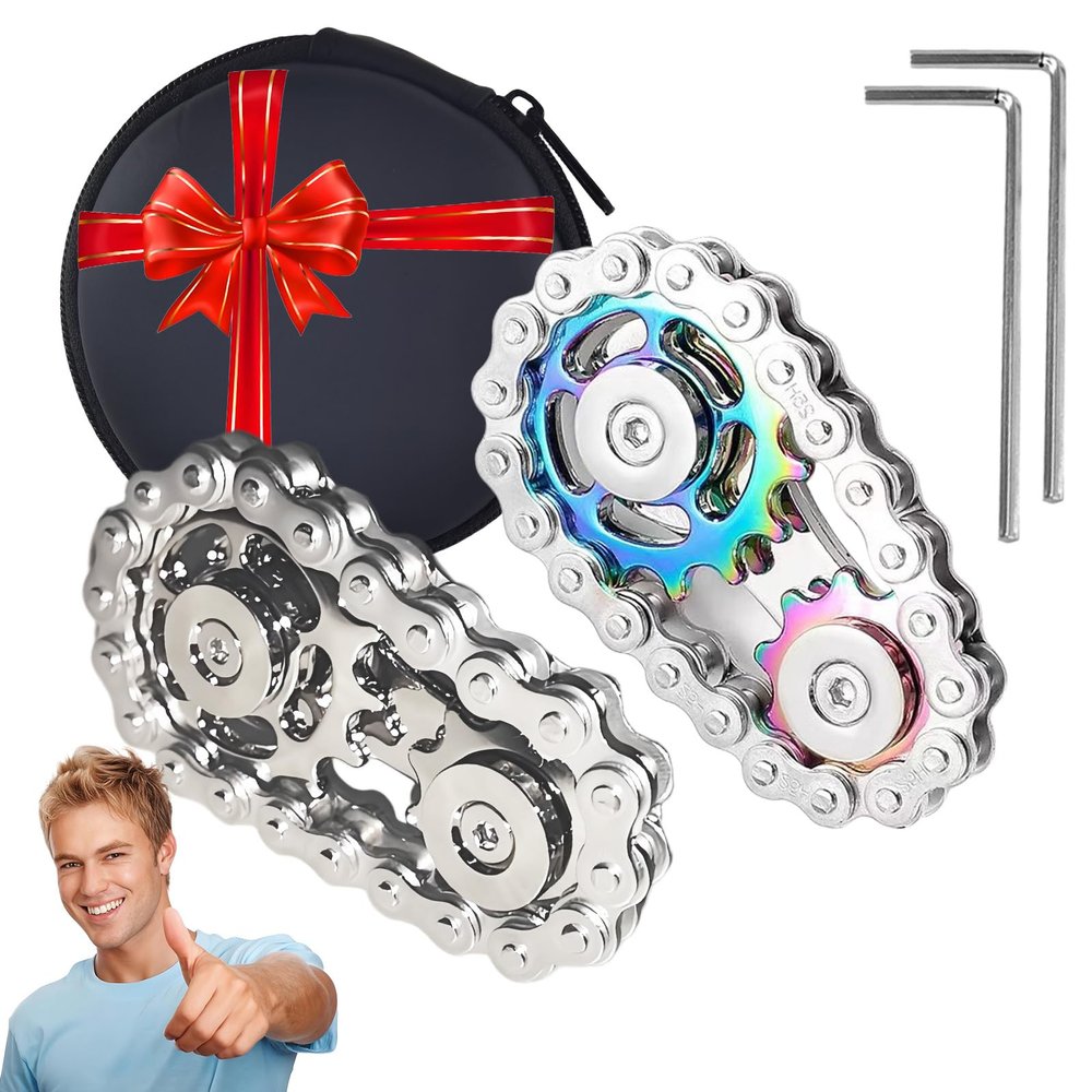 2PCSFidget Spinners Toys for Adults & Teens - Metal Fidget Toy Bike Chain Fidget Sprocket Chain Fidgets Toy for Relief Anxiety ADHD Autism Cool Gadgets Desk Offices Gift Sensory ToySilver+Rainbow