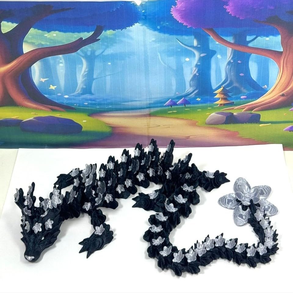 24" 3D Printed Dragon, Articulated Blue and Silver Cherry Blossom, Fidget ADHD Autism Toy,Executive Desk Toy, Home Decor D0100