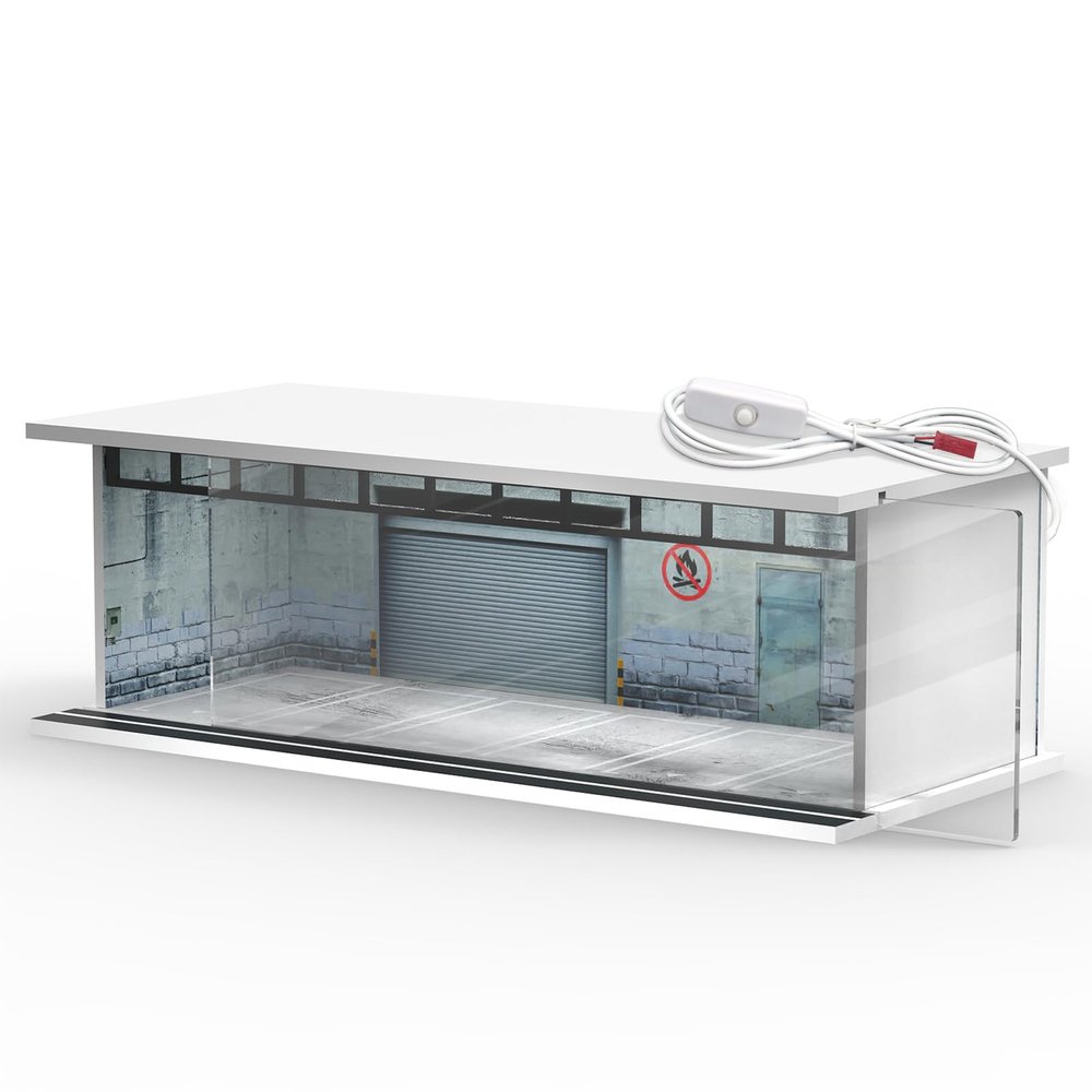 SAMYUCHO 1/64 Scale Diecast Display Case for Hot Wheels Matchbox Cars, Toy Car Model Mini Garage with LED Light and Acrylic Cover, Stackable Parking Lot Diorama Storage for Collection Present