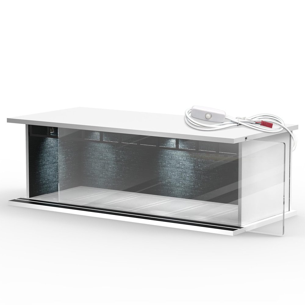 SAMYUCHO 1/64 Scale Diecast Display Case for Hot Wheels Matchbox Cars, Toy Car Model Mini Garage with LED Light and Acrylic Cover, Stackable Parking Lot Diorama Storage for Collection Present